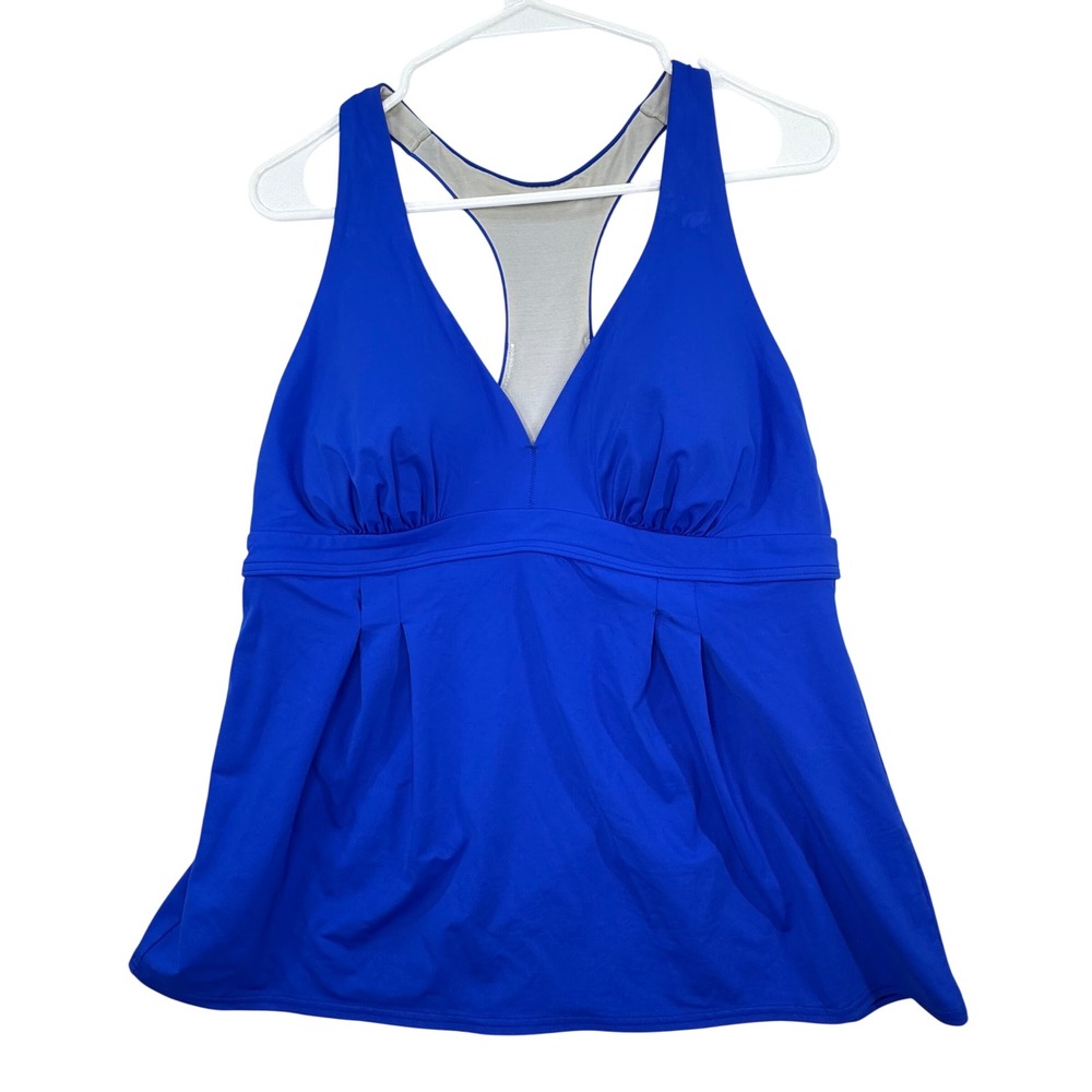Lands End Tankini Top Womens 14 Blue V-Neck Racerback Pleated Empire Waist Swim